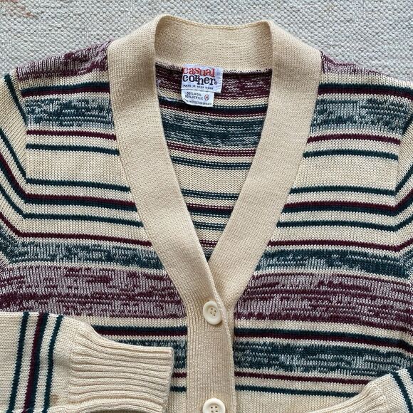 Vintage Casual Corner Striped Cardigan Sweater Medium Wool Blend Red Green - Picture 2 of 8